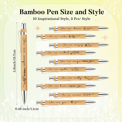 30 Pcs Inspirational Bamboo Pens Flower Ballpoint Pens Bulk with Black Ink Employee Appreciation Gift Thank You Gift Party Favors School Office Wr...