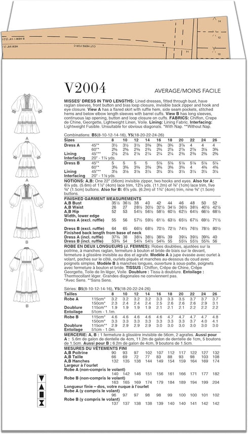 Vogue Misses' Lined Dress Sewing Pattern Packet, Design Code V2004, Sizes 18-20-22-24-26, Multicolor...