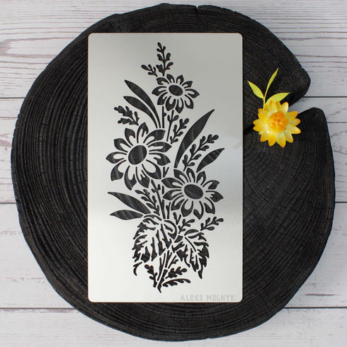 Aleks Melnyk No.273 Metal Stencil, Sunflower in a bouquet with wildflowers, Leaf Blossom, Small Stencil, 1 PC, Template for Wood Burning, Engravin...