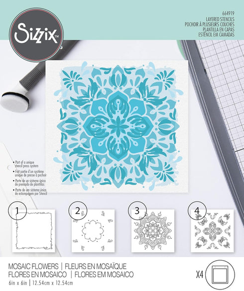 Sizzix Layered Reusable Crafts 4PK Mosaic Flowers by Jessica Scott | 664919 | Chapter 4 2022 STENCILS, One Size, Mulitcolour...