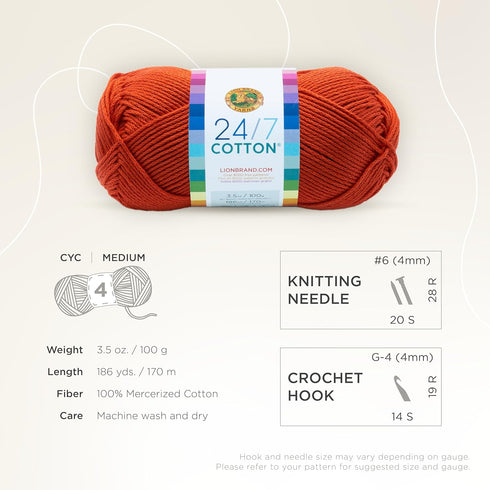 Lion Brand Yarn Lightweight 24/7 Cotton Yarn for Knitting, Crocheting, and Crafts, Tangerine, 1 Pack...
