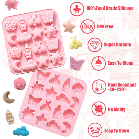 Pastoral Style Silicone Chocolate Mold,16 Cavity Butterfly Bee Flower Moon Star Cloud Handmade Gummy Mold Baking Tool for Candy,Jelly,Soap,Cookie,...
