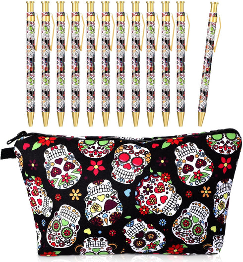 12 Pcs Sugar Skull Pens with Pencil Case Ballpoint Pens Retractable Click Ball Pens Sugar Skull Gifts Skull Pouch with Zipper for Cinco de Mayo Ch...