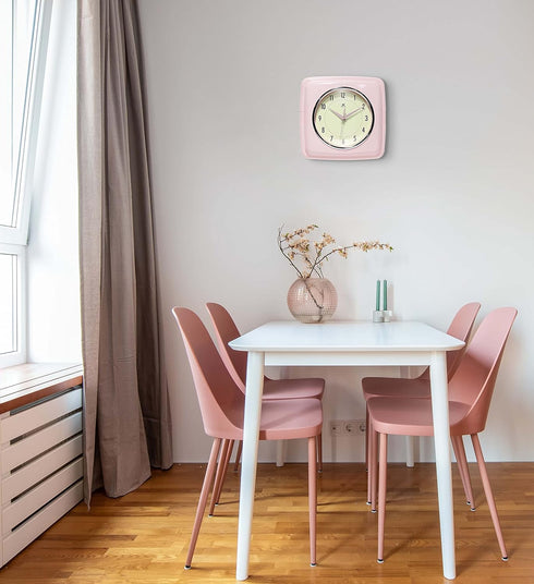 Infinity Instruments Square Silent Retro 9 inch Mid Century Modern Kitchen Diner Retro Wall Clock Quartz Sweep Movement (Pink)...
