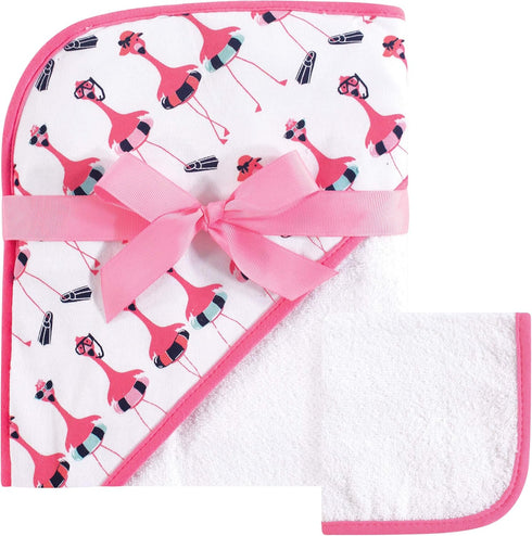 Hudson Baby Unisex Baby Cotton Hooded Towel and Washcloth, Fancy Flamingo, One Size...