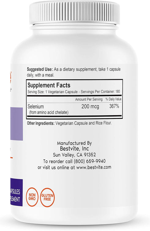 BESTVITE Selenium 200mcg (180 Vegetarian Capsules) - No Stearates - No Flow Agents - Vegan - Non-GMO - Gluten Free...
