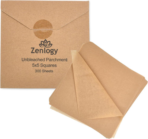Zenlogy 5x5 Small Parchment Squares (300 sheets) - Unbleached, Non-stick, Pre-cut Parchment Paper- Ideal for Candy Wrappers, Liner Paper, Freezing...