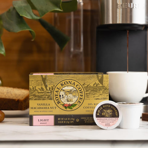 Royal Kona Vanilla Macadamia Flavored, 10% Kona Coffee Blend, Light-Roast Single-Serve Coffee Pods, Compatible with Keurig® Brewers, A Taste of Al...