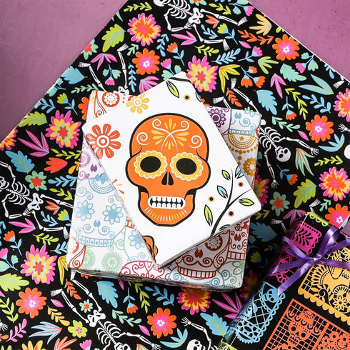 LeZakaa Holiday Wrapping Paper Sheet - 12 Sheet with 4 Different Design - Skull/Skeleton/Floral Print for Day of the Dead, Halloween - 27.5 x 19.6...