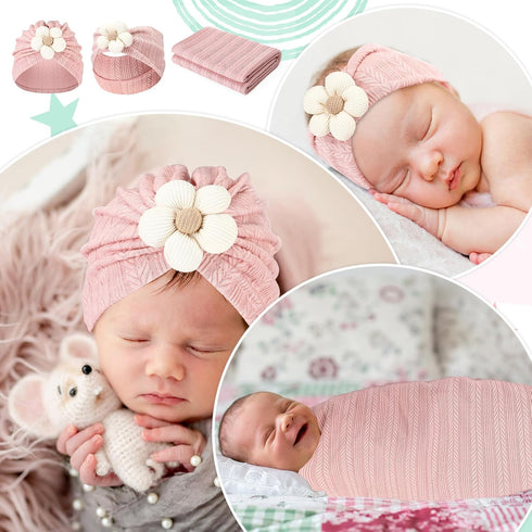 Baby Girl Blankets Newborn Set Newborn Receiving Blanket Baby Flower Headbands 3 Pieces Newborn Accessories Set for Newborn Infant Toddler Kids...