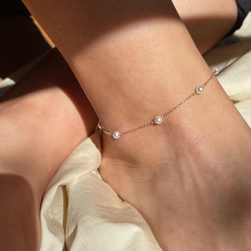 Ankle Bracelets for Women,Dainty Gold Anklet 14k Gold Plated Summer Pearl Anklets for Women Waterproof Non Tarnish Pearl Anklet Set Cute Beded Cha...