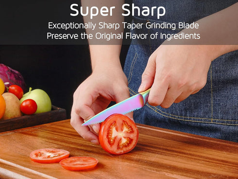 WELLSTAR Utility Knife, 4 Inch Serrated Paring Knife with Super Sharp Rainbow High Carbon Stainless Steel Blade for Fruit Vegetable Cutting Peelin...