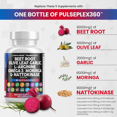 Beet Root Capsules 6000mg Olive Leaf 6000mg Nattokinase 4000 FU Garlic Extract 2000mg L-Arginine 400mg Omega 3 Red Yeast Rice Hibiscus Danshen - H...