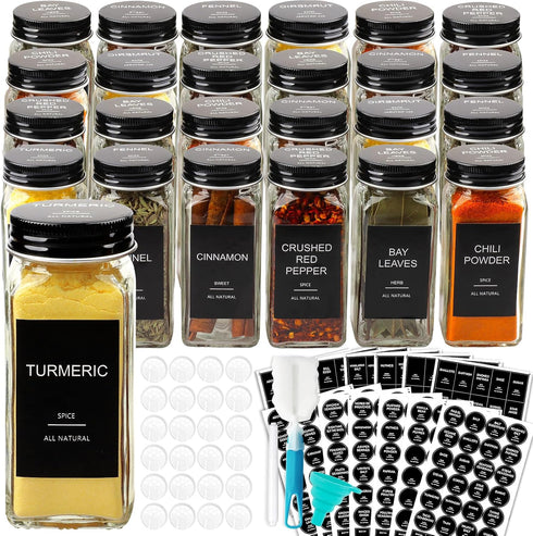 AISIPRIN 24 Pcs Glass Spice Jars with 398 Labels, 4oz Empty Square Spice Containers Seasoning Bottles - Shaker Lids, Funnel, Brush and Marker Incl...
