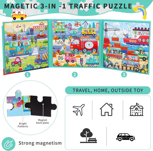 Magnetic Puzzles for Toddlers 3-5 - 3 in 1-97 Pieces Magnet Puzzle Book for Kids Ages 4-8 Travel Puzzles Game Magnetic Jigsaw Puzzle Car Traffic A...