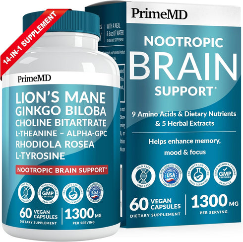 14-in-1 Lions Mane Supplement Capsules - Nootropic Brain Supplement with Ginkgo Biloba for Brain Support, Memory and Focus - Alpha GPC, L Theanine...