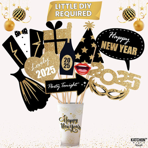 KatchOn, Glitter New Years Photo Booth Props 2025 - Pack of 32 | New Years Eve Photo Booth Props 2025, Happy New Years Decorations 2025 | New Year...