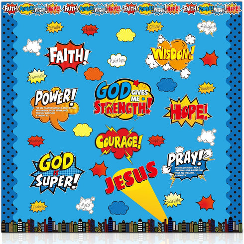 Religious Hero Bulletin Board Set, Super Theme Hero Jesus Religious Decor Bulletin Board Cutouts, Christian Sunday School Preschool Classroom Deco...