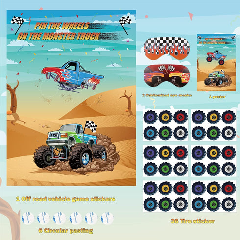 Eaezerav Pin the Wheels on the Truck Game with Monster Truck Poster, 36 Tyres Stickers, 2 Blindfolds for Car Theme Birthday Party Carnival Party T...