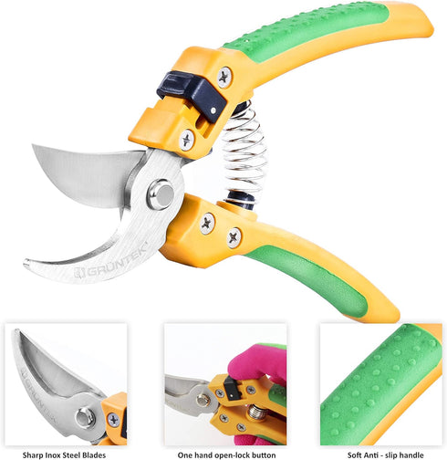 GRÜNTEK Secateurs ALBATROSS with EXTRA spring, Stainless Steel Ergo Bypass Plant Shears pruning shears Ø to 0.7". Garden shears for wide hands...