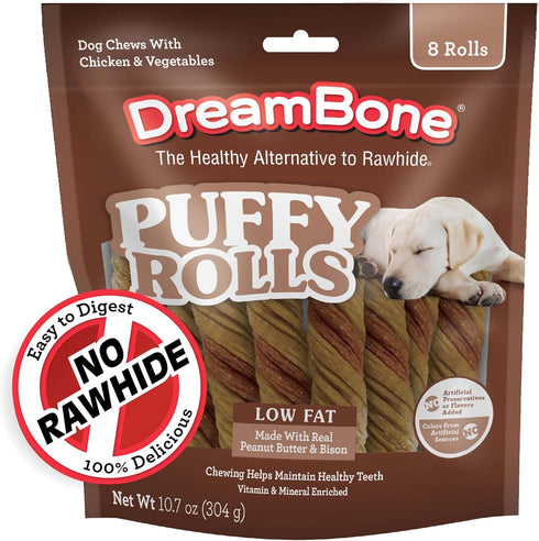 Dreambone Puffy Rolls Chews for Dogs, 8 Count, Treat Your Dog to Easy-to-Digest Rawhide-Free Chews Made with Real Peanut Butter and Bison...