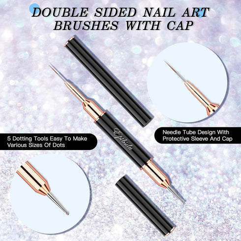 Double Ended Nail Art Brushes, Eptbsdu 5 PCS Nail Design Painting Tools including Nail Fine Liner Brushes and Nail Dotting Pens, Black...