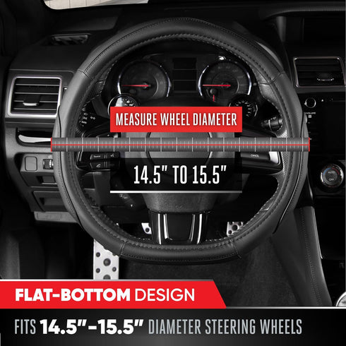 Motor Trend Stealth D-Shaped Steering Wheel Cover - Premium Flat Bottom Car Steering Wheel Cover, Black Faux Leather Sterring Wheel Cover, Standar...