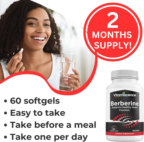 Berberine, One Pack, 600mg, 60 Capsules, Supports Heart Function, Antioxidant, Support Immune System, for Men and Women...