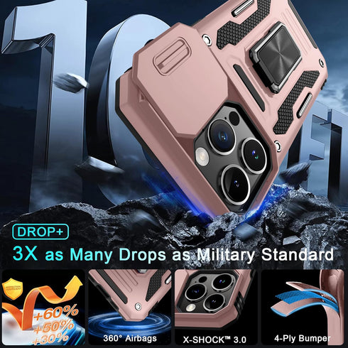 DEERLAMN for iPhone 15 Pro Max Case with Slide Camera Cover+Screen Protector(1 Pack), Rotated Ring Kickstand Military Grade Shockproof Protective ...