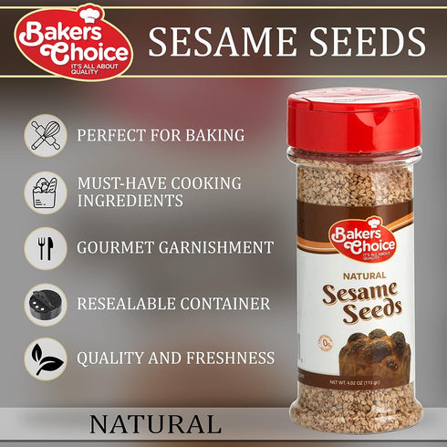 Baker's Choice Whole Natural Sesame Seeds - For Baking And Cooking - All Natural Food Seasoning - Resealable Container - Gluten Free, Kosher - 4 O...