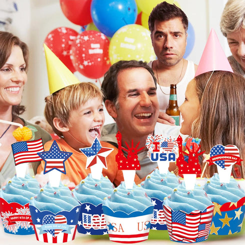 24 PCS 4th of July Cupcake Toppers Wrappers USA Patriotic Cupcake Liners for Cake Decoration Supplies, Independence Memorial Day Party Cake Decora...