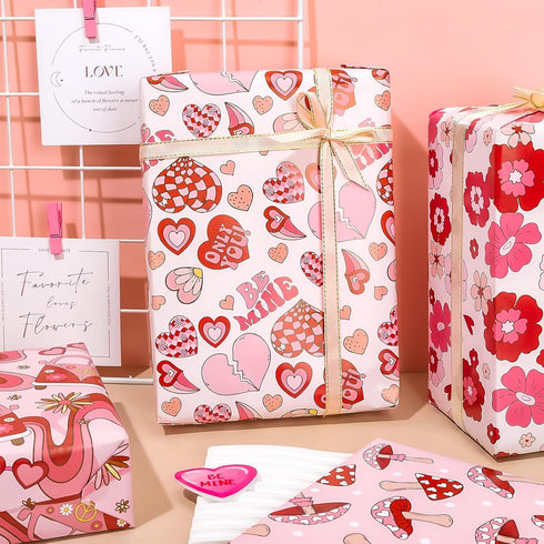 JarThenaAMCS 12 Sheets Valentine's Day Wrapping Paper Groovy Hippie Gift Wrap Paper Bulk Folded Flat Red Pink DIY Craft Art Paper for Birthday Wed...