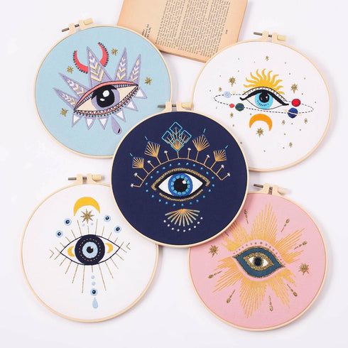 Harimau 5pcs Beginner Embroidery Kit,Eye Pattern,Cross Stitch Kits, Including Stamped Embroidery Cloth with 2 Embroidery Hoops, Multicolor Color T...