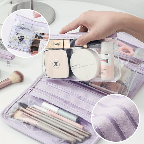 6-in-1 Roll-up Makeup Bag with 3 Detachable PVC Zip Pouches, Clear TSA Approved Travel Toiletry Bag Organizer for Cosmetics, First Aid, Medicine, ...