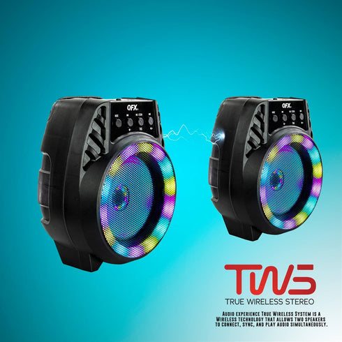 QFX BT-64 TWS Bluetooth Rechargeable Portable Speaker with 4” Woofer LED Party Lights, Microphone Input, AUX Input, USB Port, TF Card Slot, Black....