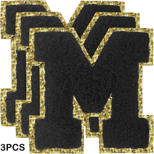 3Pcs Letter Patches Varsity Glitters Chenille,SPRT Iron on Black Letter Patch,3.1 inch Alphabet Cloth Patch for Team Costume Decoration 3.1in Heig...