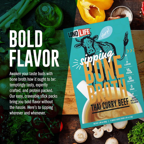 LonoLife Thai Curry Beef Bone Broth Powder Mix | Grass-Fed, 10g Protein | Collagen-Rich, Keto & Paleo Friendly | Natural Ingredients | 10 Portable...
