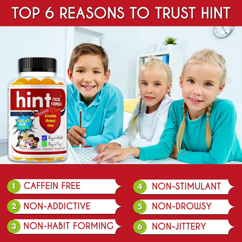 Hint Brain Memory Supplements for Kids & Teens, Omega 3 Brain Health, Focus & Eye Support Vitamins, Low Sugar 60 Gummies Support Attention & Conce...