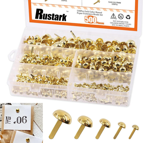 Rustark 500PCS 5 Sizes Brass Paper Fasteners Round Brads Fasteners Assortment Kit Mushroom Head Paper Fasteners Brass Metal Brads Scrapbooking Dec...