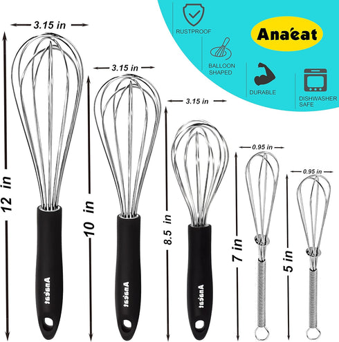 Anaeat Stainless Steel Kitchen Whisk Set of 5, Milk and Egg Beater Blender with Thick Wire for Whisking, Cooking, Baking, Beating and Stirring - 5...