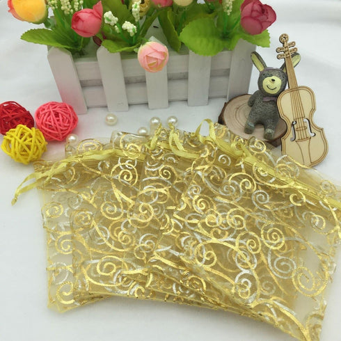 100pcs Sheer Organza Favor Bags For Wedding Baby Shower Rattan Print Gift Bags Samples Display Drawstring Pouches (3x4 inch, gold)...