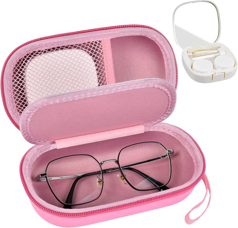 Portable 2 in 1 Contact Lens Case and Glasses Case, Traveling Contact Cases Bag Box Holder with Soak Storage Kit Included Built-in Mirror, Tweezer...