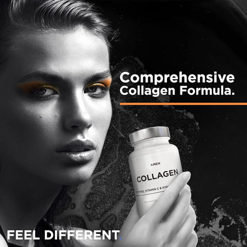 Amen Multi Collagen Peptides Capsules with Hyaluronic Acid and Vitamin C - 5 Types of Collagen Protein Type I, II, III, V, X - Grass Fed Hydrolyze...