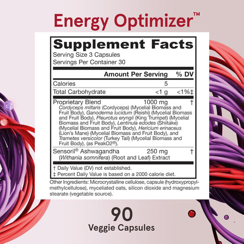 Jarrow Formulas Energy Optimizer with Cordyceps, Reishi, Lions Mane, Shiitake, King Trumpet, and Turkey Tail Mushrooms, Dietary Supplement with As...