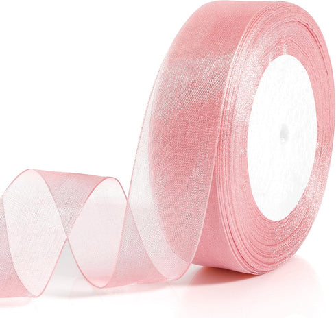 Pink Ribbon for Flower Bouquet 1 Inch 50 Yards Sheer Mothers Day Gift Basket Ribbon Tulle Ribbon for Gift Wrapping Ribbons for Crafts Ribbon for H...