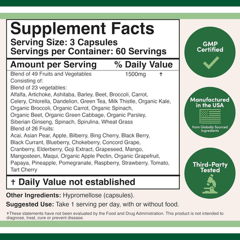 Fruits and Veggies Supplement (Daily Blend of 49 Different Fruits and Vegetables, 23 Veggies and 29 Fruits) 1,500mg Servings, 180 Capsules (No Fil...