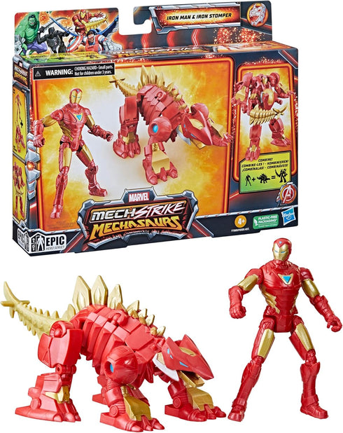 Marvel Mech Strike Mechasaurs, 4-Inch Iron Man with Iron Stomper Mechasaur Action Figures, Super Hero Toys for Kids Ages 4 and Up...