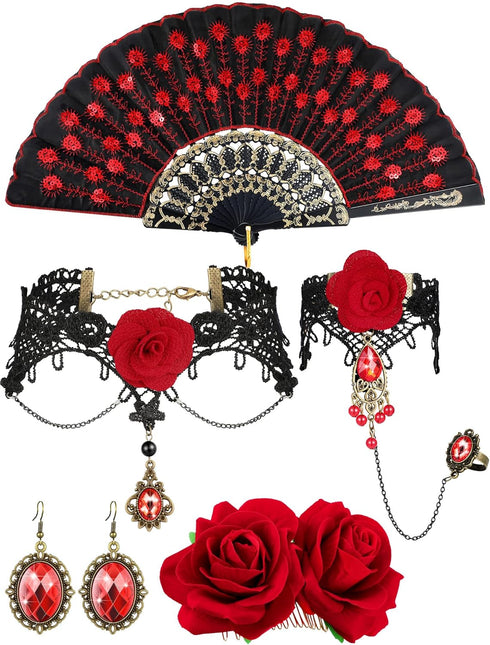 BBTO 5 Pcs Halloween Rose Flamenco Women Accessories Girl Rose Flower Hair Clip, Sequins Fabric Folding Fan, Lace Choker Necklace Bracelet Earring...