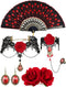 BBTO 5 Pcs Halloween Rose Flamenco Women Accessories Girl Rose Flower Hair Clip, Sequins Fabric Folding Fan, Lace Choker Necklace Bracelet Earring...