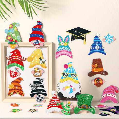 Juexica 32 Pcs Magnetic Diamond Painting Interchangeable Standing Posture Gnome Decor DIY Seasonal Gnome Sign Holiday Tiered Tray Decoration with ...